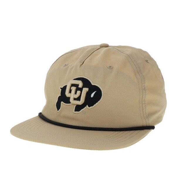A gold hat with a black rope detail on the base of the brim. The CU Buffalo logo in embroidered on the front center.